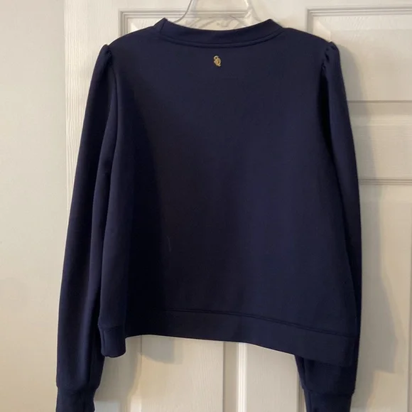 Chic Navy Crew Neck Sweater with Colorful Stripes - Picture 4 of 8